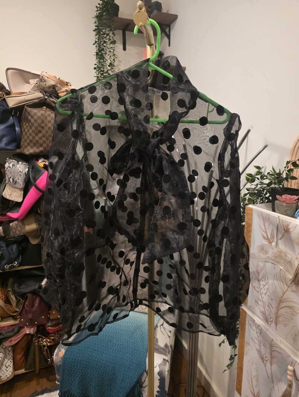 NWT Sheer Black Polka Dot Tie-Neck Blouse